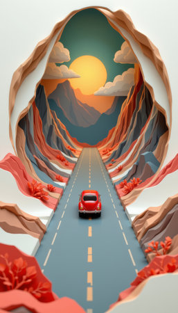 A fantasy road trip with paper cut style red car driving through colorful canyon road under sunset skyの素材