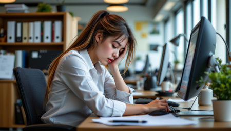 A tired female worker overwhelmed and sleeping at office desk with computer and paperwork in modern workspaceの素材