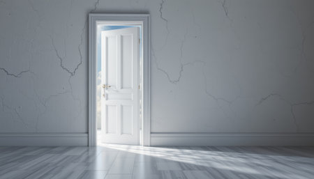 An open white door with sunlight shining through into empty room with cracked wall and wooden floorの素材