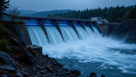 A hydroelectric dam with flowing water and mist in forested mountain area during twilightの素材