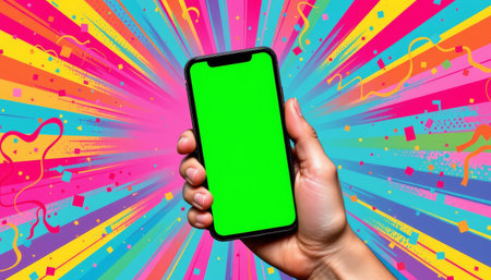 A smartphone with green screen held in hand against colorful pop art background with confetti and streamersの素材