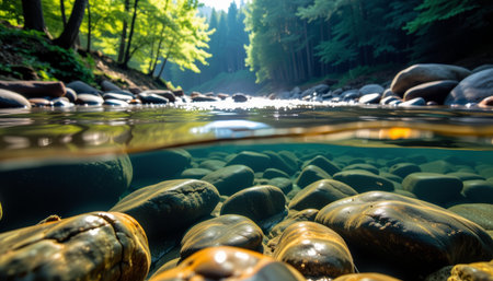 A clear river water with smooth stones underwater and sunlight shining through forest trees creating tranquil natural sceneの素材