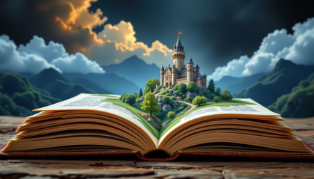 An open book with enchanted castle landscape emerging, magical scene with clouds and mountains, fantasy storytellingの素材