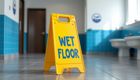 A wet floor caution sign in clean restroom with blue tiled walls and natural light creating safe environmentの素材