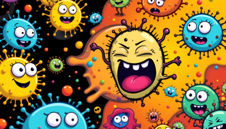 A cartoon bacteria with colorful round shapes and expressive faces in lively and playful compositionの素材