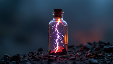 An electric lightning inside small glass bottle with cork stopper on rocky surface, glowing purple and orange lightの素材