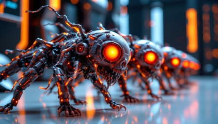 A futuristic robotic spider with glowing red eyes and mechanical limbs in dark high tech environmentの素材