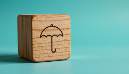 A wooden cube with umbrella icon on turquoise background, symbolizing protection and safety conceptの素材