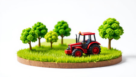 A miniature rural landscape with red tractor and green trees on grass, evoking peaceful countryside farming sceneの素材