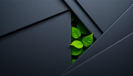 A green leaf emerging from layered black geometric shapes, symbolizing growth and contrast in modern abstract designの素材