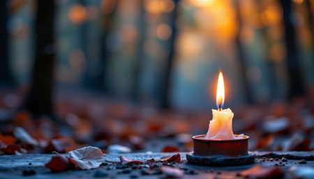 A burning candle with soft flame on ground surrounded by dry leaves in blurred forest creating peaceful moodの素材