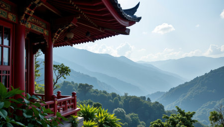 A traditional asian temple balcony with ornate red roof overlooking misty mountain landscape under blue skyの素材