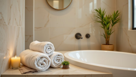 A rolled white towel with candle and plant in contemporary spa like bathroom creating calm and relaxing atmosphereの素材