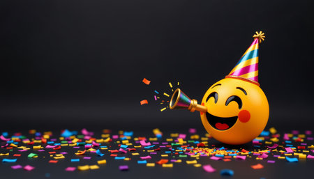 A happy party emoji blowing party horn with colorful confetti and festive hat on dark backgroundの素材