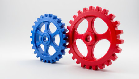 A two colorful plastic gears in red and blue on white background, symbolizing teamwork and mechanical connection with smooth surfacesの素材