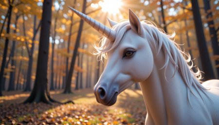 An unicorn with white mane and horn in autumn forest with sunlight shining through trees, creating magical and serene atmosphereの素材