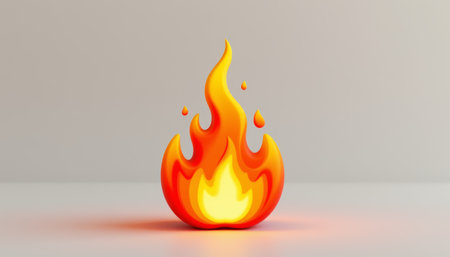 A flame icon with bright yellow and orange colors glowing on neutral background, symbolizing heat and energy in lively styleの素材