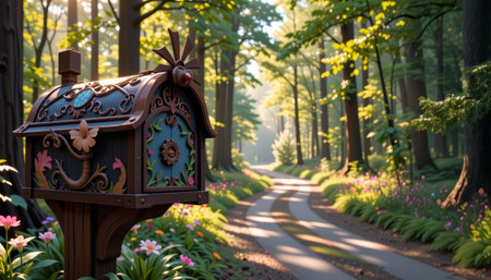 A whimsical woodland mailbox with floral decoration stands beside sunlit forest path surrounded by green trees and colorful flowersの素材