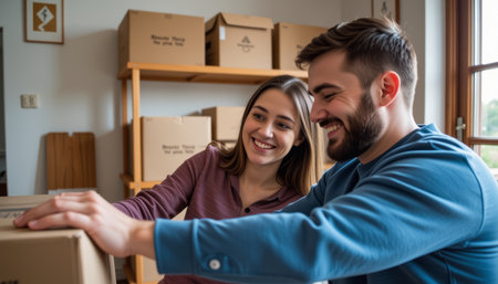 A young couple smiling while unpacking boxes in new home, enjoying moving day with happy expressionsの素材
