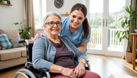 A happy senior woman in wheelchair with caregiver smiling together in bright living roomの素材
