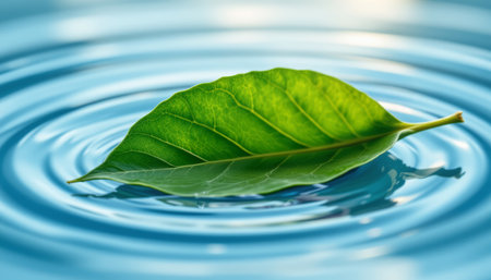 A green leaf floating on water surface with ripples, symbolizing calmness and nature delicate balanceの素材