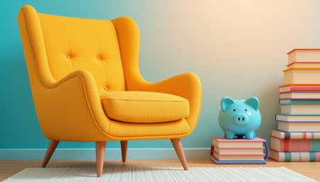 A yellow armchair with wooden legs in cozy room with blue piggy bank and stack of books on wooden floorの素材