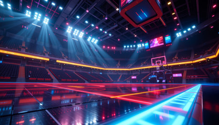 A cyberpunk basketball court with neon lights and empty stands under bright spotlights creating futuristic vibrant atmosphereの素材