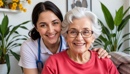 A smiling elderly woman with white hair and glasses sitting with cheerful female caregiver in bright room with plants and flowersの素材