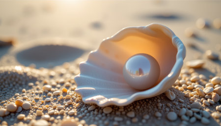 A pearl inside open seashell on sandy beach with soft warm light creating calm and serene atmosphere in closeup viewの素材