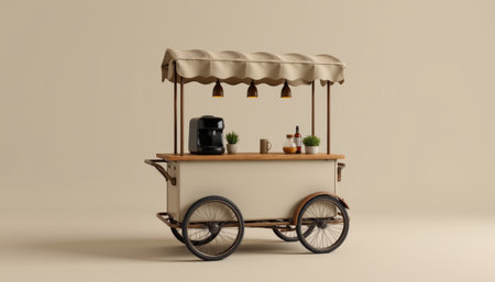 A minimalist coffee cart with canopy, coffee machine, plants, and warm lighting, creating cozy and inviting atmosphere for serving beveragesの素材