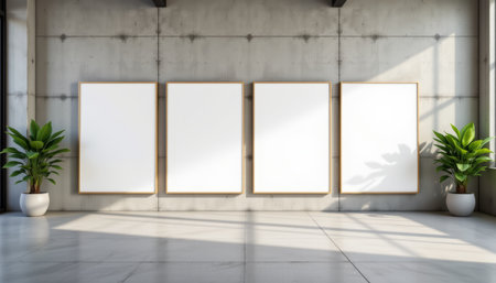 A four blank vertical frames hang on concrete wall in bright modern gallery with sunlight and green potted plants on each sideの素材