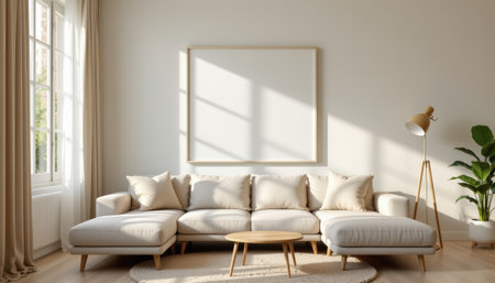 A modern living room with beige sofa and natural light from window creating warm cozy atmosphereの素材