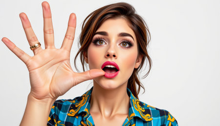 A young woman with bright makeup showing five fingers, surprised expression, wearing colorful patterned shirt, isolated on white backgroundの素材