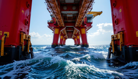 An offshore drilling platform with red and yellow structure above blue ocean waves under bright skyの素材