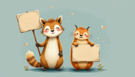 A cute animal duo illustration holding blank signs with butterflies and flowers, smiling and cheerful woodland creaturesの素材