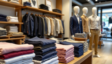 A casual menswear retail space with folded shirts and jackets on display, featuring neutral tones and modern store designの素材
