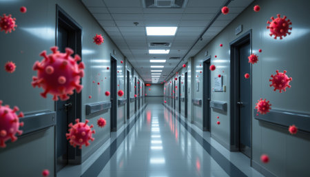 A hospital hallway with floating virus particles symbolizing biological threat and infection risk in sterile medical environmentの素材