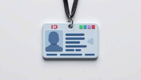 An id card with lanyard showing silhouette photo and text lines, designed with colorful squares and wireless symbol, isolated on white backgroundの素材