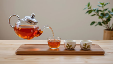 A glass teapot pouring tea into cup on wooden tray with ceramic cups and plant in backgroundの素材