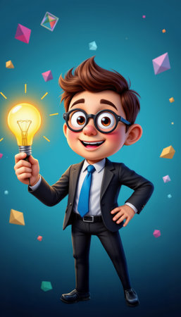 A young businessman holding glowing light bulb with colorful geometric shapes floating around, expressing bright idea and creativityの素材