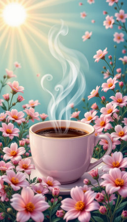 A steaming cup of coffee surrounded by pink flowers under bright sunlight, creating warm and peaceful morning atmosphereの素材
