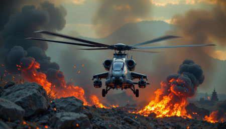 A combat helicopter hovering above rocky battlefield with fire and smoke, intense action scene with dramatic lighting and mountain backgroundの素材