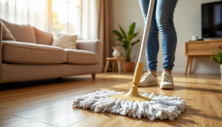 A person mopping wooden floor with microfiber mop in cozy living room with sofa and natural lightの素材