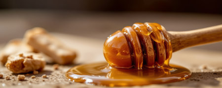 A golden honey dripping from wooden honey dipper with cookie crumbs on rustic surface, warm and inviting close up food imageの素材