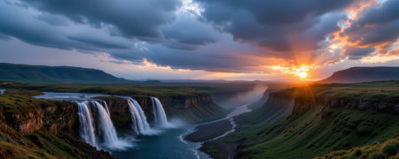 A panoramic waterfall scene with flowing water over cliffs and river winding through green valley under dramatic sunset skyの素材
