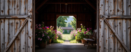 A rustic barn interior with open wooden doors revealing vibrant pink flowers in pots and sunlit garden path leading to distant houseの素材