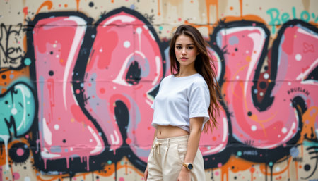 A young woman standing confidently in front of colorful graffiti wall wearing casual white shirt and beige pants with long hair flowingの素材