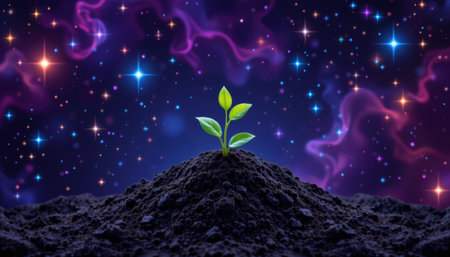 A young green plant growing from soil with colorful starry night sky background, symbolizing hope and cosmic growthの素材