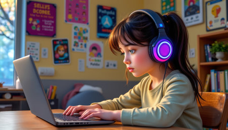 A young girl wearing glowing headphones focused on laptop screen in cozy room with colorful posters and booksの素材