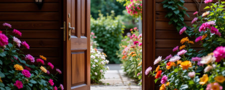 An open wooden door with colorful garden flowers outside in bright daylight creating welcoming and peaceful atmosphereの素材